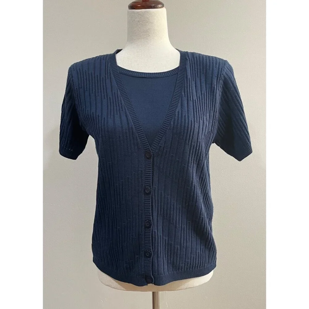 VTG Alfred Dunner Cardigan Sweater Womens M Navy Layered Short Sleeve